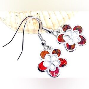 Red Synthetic Fire Opal Hollow Out Flower .925 Silver Plated Dangle Earrings